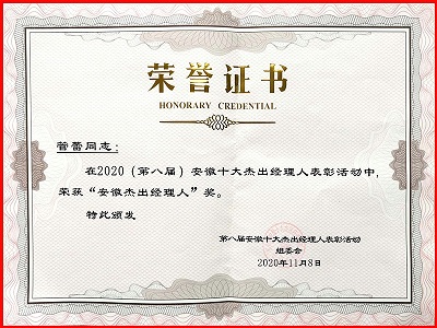 獲得安徽十大杰出經理人榮譽證書